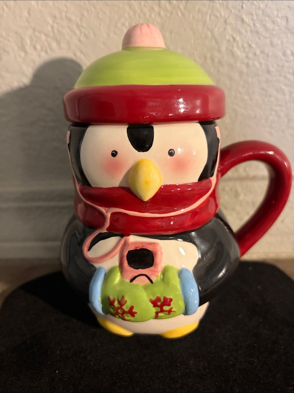 Ceramic Penguin Mug in Red, Green & Black - Holiday Bird Drinkware